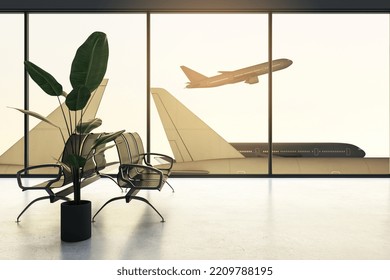 Travel Concept With Empty Seats And High Green Plant In Airport Lounge And Plane Taking Off Through Panoramic Window On Background. 3D Rendering