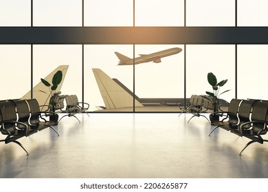 Travel Concept With Front View On Plane Taking Off Through Panoramic Window In Waiting Area Hall With Empty Seats In The Airport. 3D Rendering