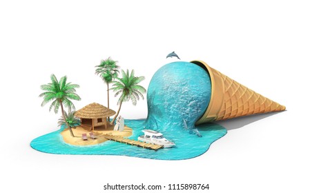 Travel Concept. Relaxation Island In The Sea As Melting Ice Cream Isolation On A White. 3d Illustration