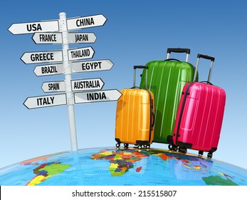 Travel Concept. Suitcases And Signpost With Countries. 3d