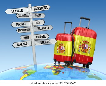 Travel Concept. Suitcases And Signpost What To Visit In Spain. 3d