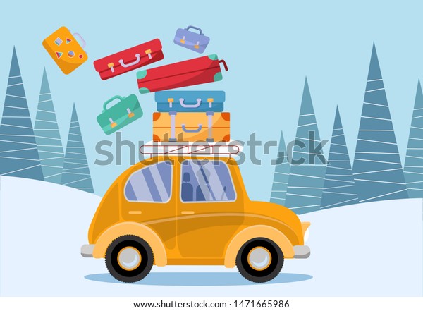 Travel concept. Yellow vintage car with
travel suitcases on roof. Winter tourism, travel, trip. Flat
cartoon illustration. Car Side View With Heap Of Falling suitcases
on firs trees
background.