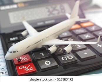 Travel Cost Calculation Concept. Airplane And Calculator. Cheapest Flight. 3d Illustration