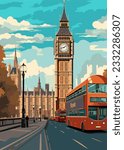 Travel Destination in London United Kingdom vintage print. holidays concept of illustration