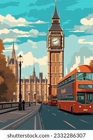 Travel Destination in London United Kingdom vintage print. holidays concept of illustration