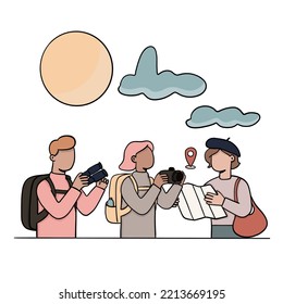 Travel Doodle Flat Illustration Depicting Three People, A Traveler, Two Women And One Man, With Map, Location Tag And Binoculars, Sun, Clouds, Travel.White Background.