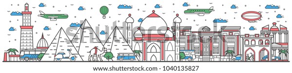 Travel in Egypt country banner  illustration.\
Worldwide traveling concept with famous modern and ancient\
architectural attractions. Egypt country landmark panorama, tourist\
line design\
poster.