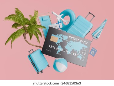 Travel essentials including a credit card, blue luggage, beach ball, palm tree, plane ticket, and passport arranged on a pink background. Concept of summer vacation and travel. 3d rendering - Powered by Shutterstock