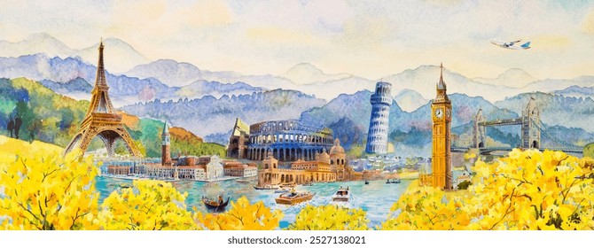 Travel fall festival Famous landmarks in the world of Europe, Italy, London, France. Around the worlds watercolor landscape paintings illustration on scenery mountain background, popular trip. - Powered by Shutterstock