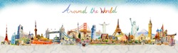 Travel Famous Landmarks In The World Of Europe, Asia And America. Watercolor Landscape Painting Illustration With Group Cloud Background. Popular Tourist Attraction With Advertising, Poster, Postcard.