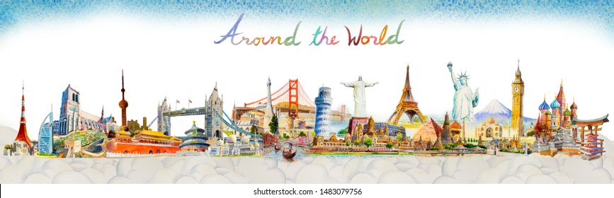 Travel Famous landmarks in the world of Europe, Asia and America. Watercolor landscape painting illustration with group cloud background. Popular tourist attraction with advertising, poster, postcard.