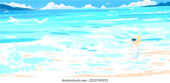 Travel girl enjoying the ocean waves by soaking her feet on the beach digital art painting illustration - Powered by Shutterstock