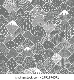 Travel Hiking Mountains And Hills Seamless Pattern On Gray Background With Hidden Heart And Pines