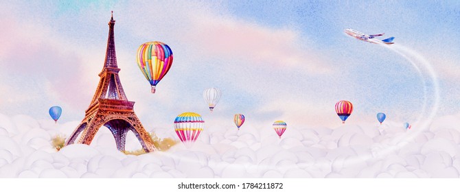 Travel holiday. Eiffel tower Paris France with ballooning of Christmas & New Year. Famous landmarks of the worlds. Watercolor landscape painting illustration in cloud and sky background, popular tour.