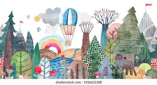 Travel in a hot air balloon over the lake, fields, forests and mountains. Cute landscape with a lake, trees and mountains. Repeating watercolor pattern. Horizontal banner. - Powered by Shutterstock