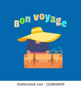 Travel icon. Have nice trip Bon Voyage in French. Fancy colorful cartoon letters. Vacation tour symbol. Vintage marine tripping advertisement banner background. Tour transportation retro illustration - Powered by Shutterstock