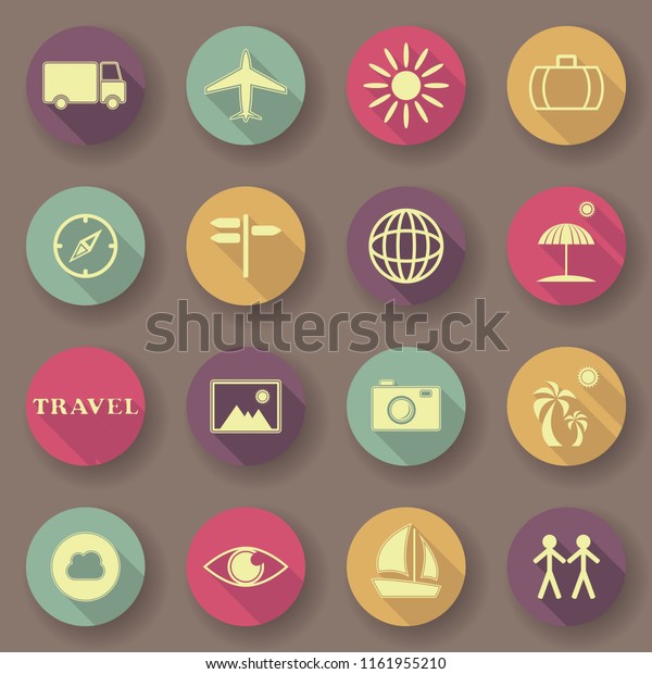 Travel icons, bright
colors. Vector buttons. Original design. Raster version of the
illustration   