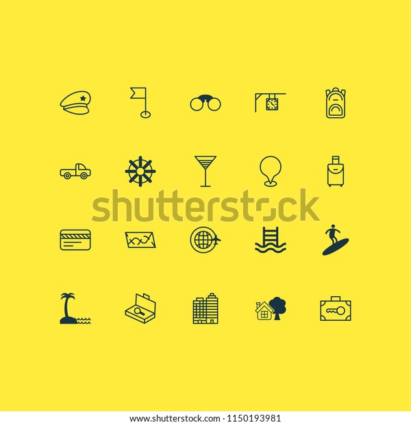 Travel icons set with farm house, police cap, safe\
luggage and other bank card elements. Isolated  illustration travel\
icons.