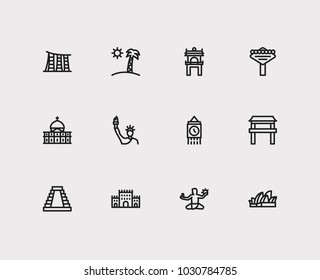 Travel Icons Set: Mexico, Japan, Florida And Marina Bay Sand, Hanoi, Merlion Set Popular Traveling Cities With Traditional  Icon Illustration For App Web Mobile UI Logo Desing.