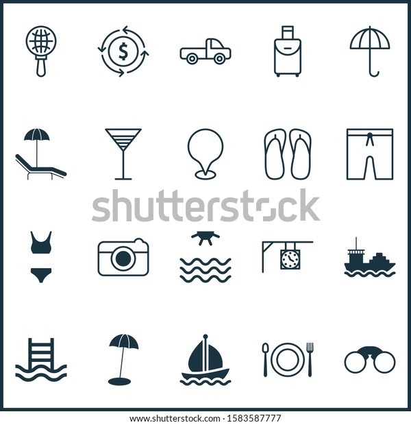 Travel icons set with\
parasol, sea, tanker and other gingham elements. Isolated\
illustration travel\
icons.