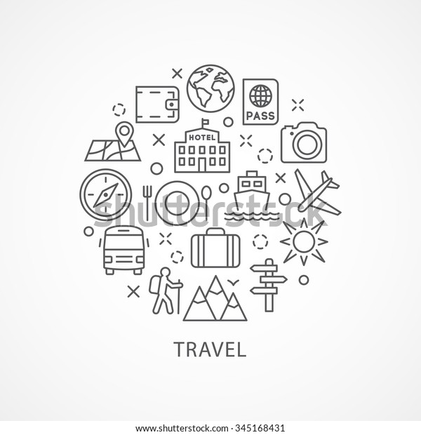 Travel\
illustration with icons and signs in linear\
style