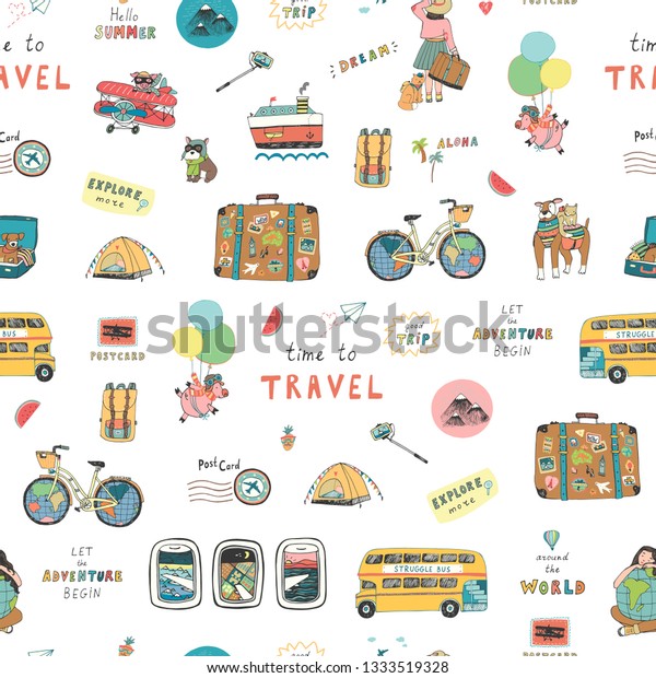 Travel\
illustrations doodle hand drawn seamless\
pattern