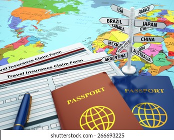 Travel insurance application form, passport and sign of destination on the map. DOF effect. 3d