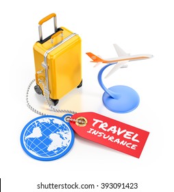 Travel Insurance. Illustration on the subject of Travel and Tourism. 3D rendered graphics on white background.
