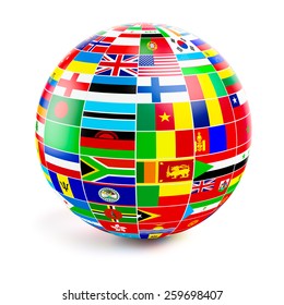 Travel And International Business Concept - 3d  Globe Sphere With  Flags Of The World On White Background