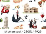 Travel to the Italy Seamless pattern, symbols. Hand  drawn watercolor illustration isolated on white background