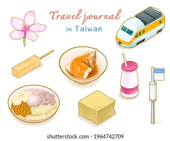 Travel Journal In Taiwan Collection, Digital Painting Of Sakura, Express Train, Bus Stop, Yoghurt Drink And Taiwanese Food Isometric Cartoon Icon Raster 3D Illustration.