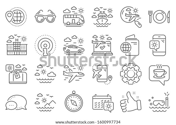 Travel\
line icons. Passport, Luggage, Check in airport icons. Airplane\
flight, Sunglasses, Hotel building. Passport check in document, Sea\
diving. Restaurant hotel food, luggage\
travel.