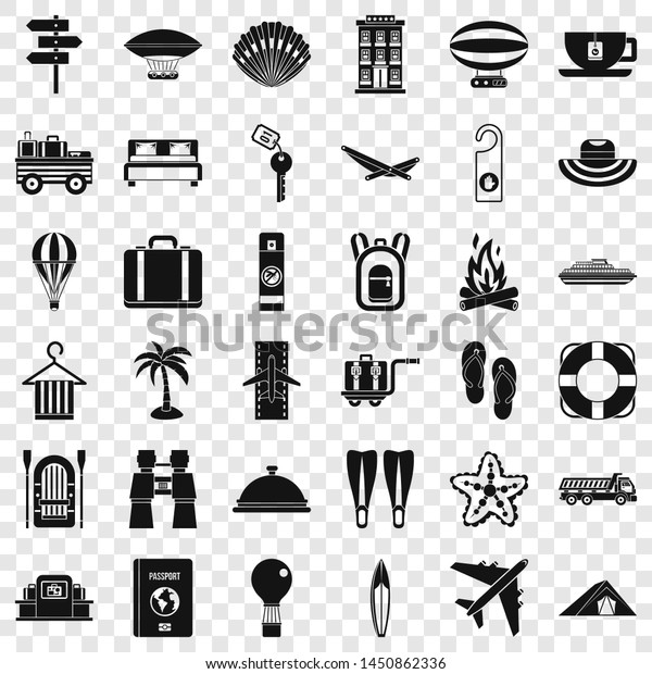 Travel luggage icons set. Simple style of\
36 travel luggage icons for web for any\
design