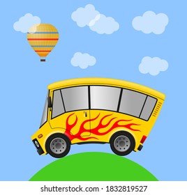 Travel Minibus With Flames In Landscape, Illustration