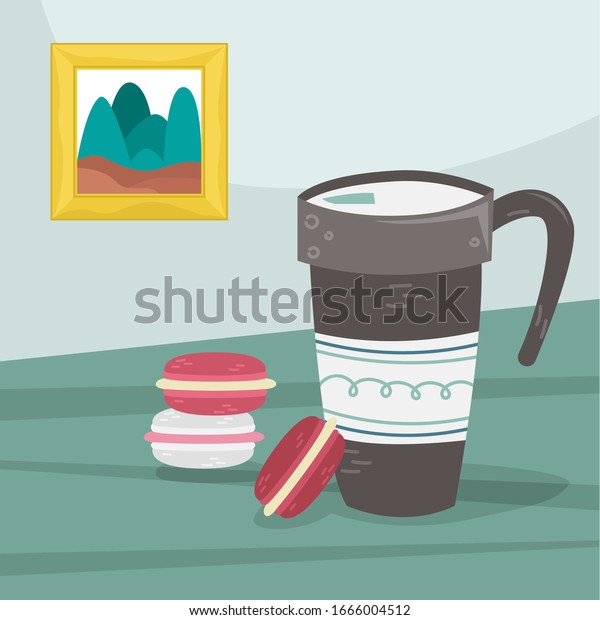 A travel mug with hot coffee and macaroons\
on the table. Flat\
illustration.