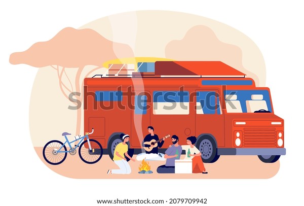 Travel on car. Friends journey, nature stay.\
Young people travelling on auto. Tourists with backpack sitting\
near fire\
illustration