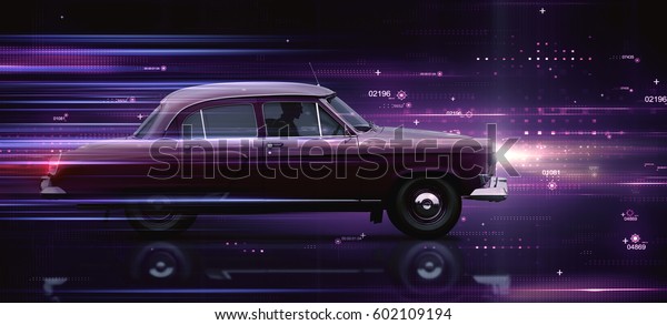 Travel From past to future on a retro red car. Time\
travel concept background. Car fast racing among fast moving\
particles and light stripes. futuristic abstract background. Side\
view. 3d rendering.\
