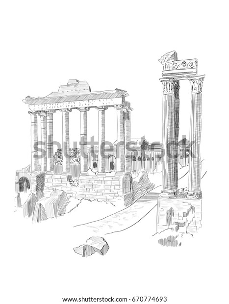 Travel Pen Sketch Roman Forum Rome Stock Illustration 670774693