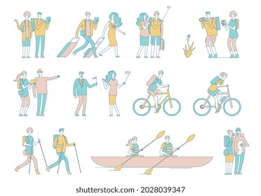 Travel people. Tourist, woman man luggage and bags. Hiking, cycling and kayaking. Summer outdoor activity. Vacations and trip characters set - Powered by Shutterstock