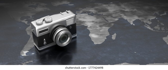 Travel photography concept. Photo camera on world map background, copy space, banner. 3d illustration