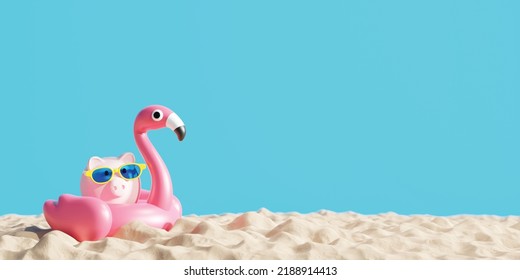 Travel savings concept design of piggy bank with sunglasses and inflatable flamingo on the sand beach Tropical summer 3D render - Powered by Shutterstock