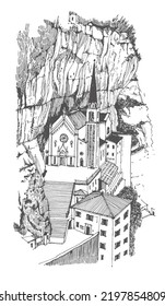 Travel Sketch Illustration Of 
Sanctuary Of The Madonna Della Corona, Italy. Sketchy Line Art Drawing With A Pen On Paper. A Hand-drawn Old Church. Sketch In Black Color On White Background. 