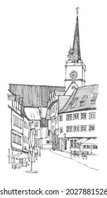 Travel sketch illustration of Wertheim, Germany, Europe. Sketchy line art drawing with a pen on paper. Hand drawn. Urban sketch in black color isolated on white background. Freehand drawing.