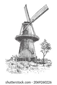 Travel sketch. Liner sketches of Leiden, windmill, Holland, Netherlands hand drawing sketch, graphic illustration. Hand drawn travel postcard. Urban sketch in black color isolated on white background.