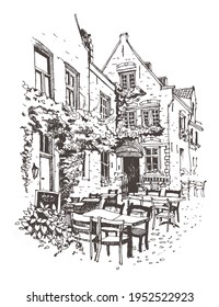 Travel Sketch Of Street Cafe In Bruges, Belgium. Urban Sketch In Black Color Isolated On White Background. Line Art. Freehand Drawing. Hand Drawn Travel Postcard. Europe Travel Cafe Art Tourism.