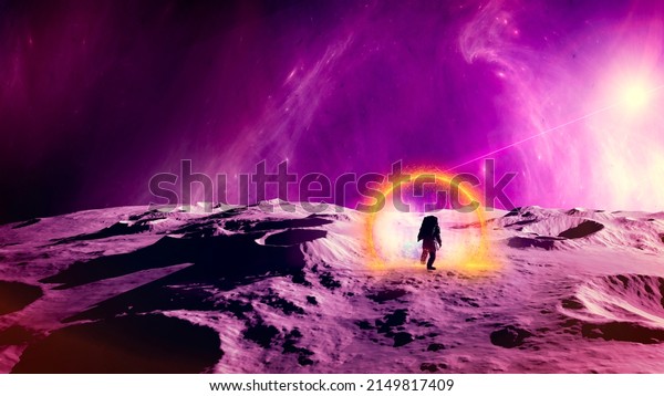 Travel in space time. Time traveler enters a\
portal that unites two worlds. Futuristic landscape of another\
planet. Sci-fi. New worlds and colonization of other planets.\
Astronaut. 3d\
rendering