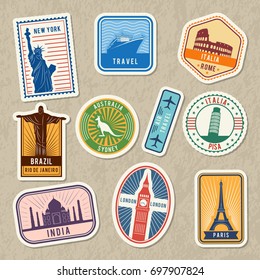 Travel Stickers Set With Different Worldwide Architectural Symbols. Labels With Grunge Texture. Sticker Architecture Tower Eiffel And Coliseum Illustration