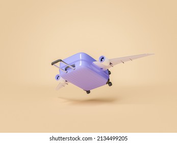 Travel Suitcase With Airplane Wings On Minimalist Background. Concept Of Travel, Summer, Flying, Passenger And Airline. 3d Rendering