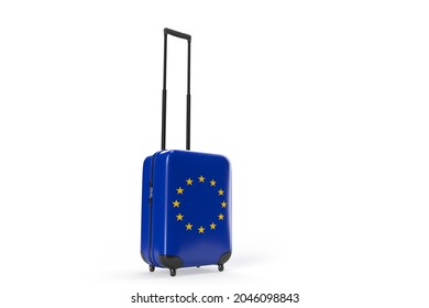 Travel Suitcase With The Flag Of European Union. Travel Concept. Isolated. 3D Rendering