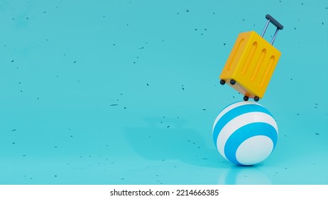 Travel Suitcase On A Beach Ball. Abstract 3d Illustration. Summer Trip Holiday Theme Background. 3D Illustration